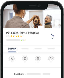 A mobile phone showing a pet hospital listing profile