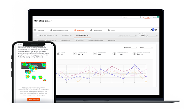 A tablet and a mobile phone displaying Marketing Center dashboard with graphs.