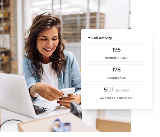 Female Small Business Owner Looking at Her Phone Call Activity in Her Thryv Command Center Account.