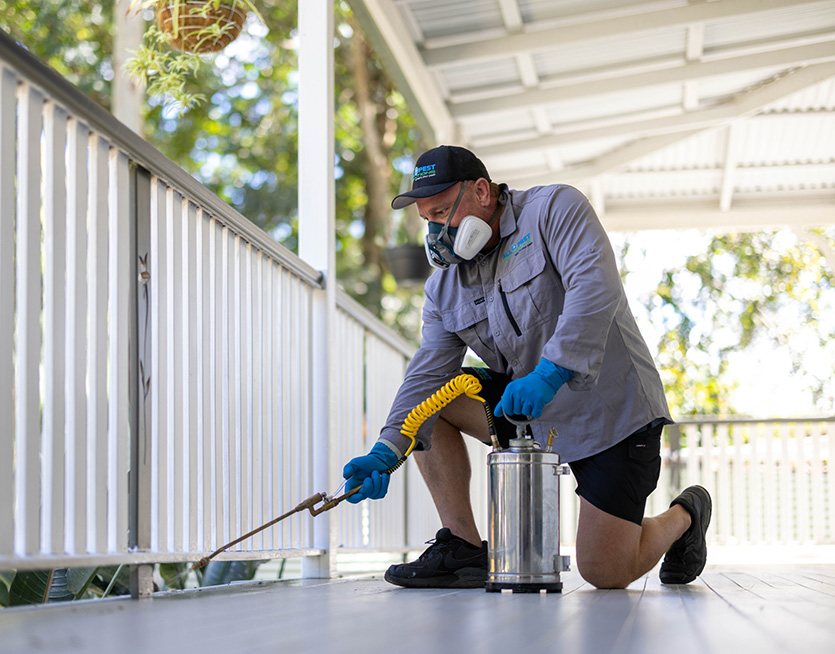 A pest control man spraying a porch area with bug spray