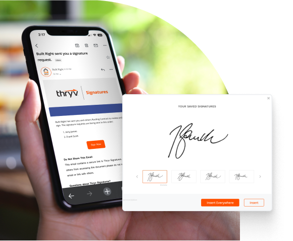 A mobile phone showing Thryv's Signatures being used