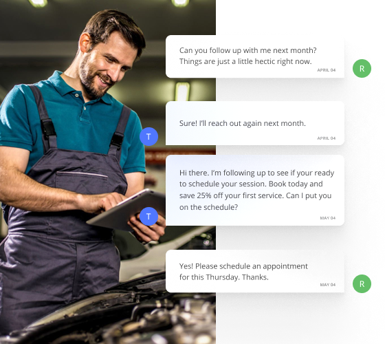 Male Mechanic Typing on a Tablet and Chatting with His Customer Scheduling Their Appointment Using Thryv's Software