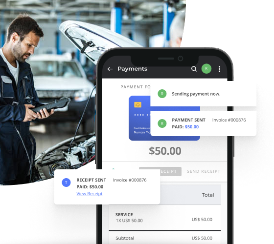 Man Wearing a Mechanic Jumpsuit with a Phone Screen Showing Him Collecting Payment for His Small Business