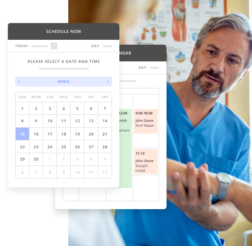 Male Chiropractor Adjusting a Patient's Wrist with a Screenshot of Thryv's Appointment Scheduling Tool