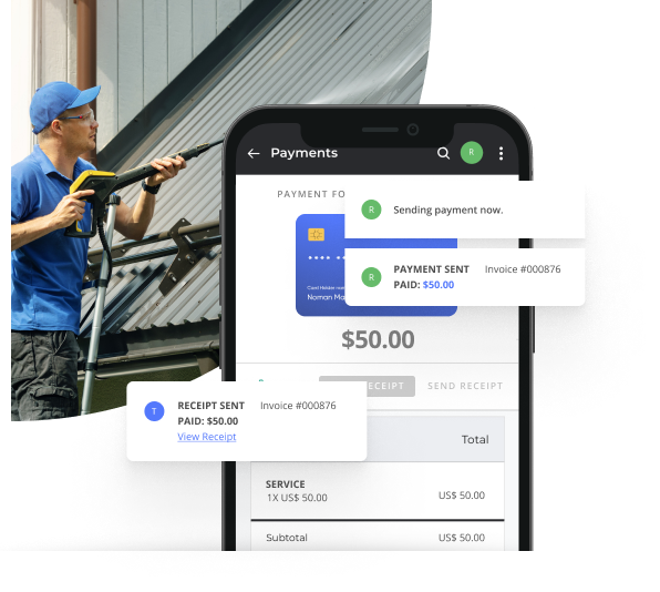 Man Pressure Washing a Roof with an Image of a Completed Invoice on a Cellphone Using Thryv's Invoicing Software