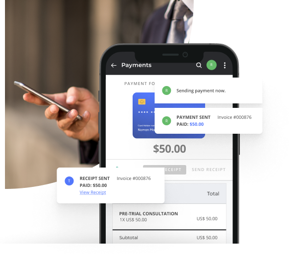 Image of a Lawyer in a Suit on His Phone with a Snapshot of a Paid Invoice Using Thryv's Invoicing Software