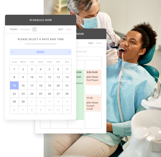 Dentist Working on a Patient's Teeth with an Image of Thryv's Calendar and Scheduling Software for Dentists