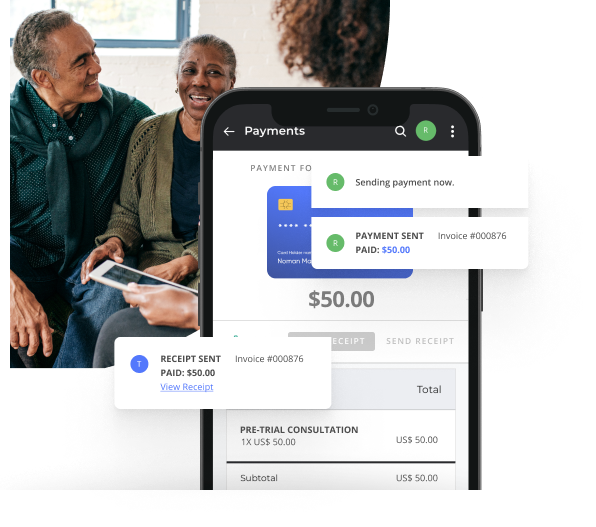 Older Family Using a Tablet to Pay an Invoice to Their Estate Planning Lawyer Using Thryv's Invoicing Software