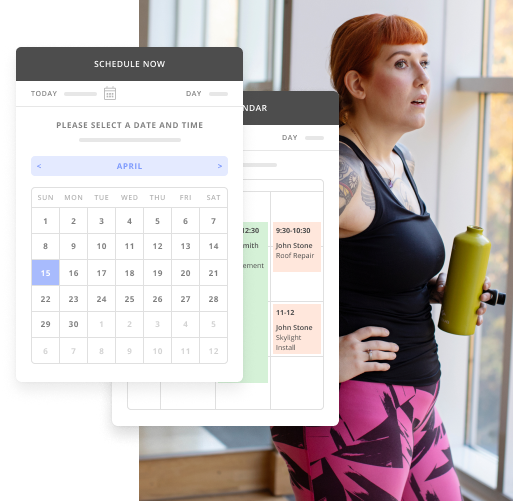 Woman in Workout Clothes Looking Out the Window with a Snapshot of Thryv's Scheduling Software for Fitness Studios