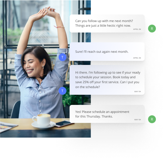 Fitness Studio Owner Sitting at a Cafe Stretching Her Arms Up and Texting Clients Using Thryv's Command Center
