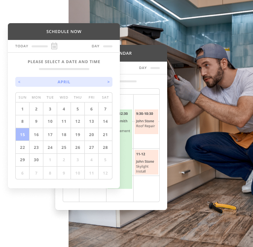 Home Improvement Contractor Working on a Sink with a Snapshot of Thryv's Appointment Scheduling Calendar