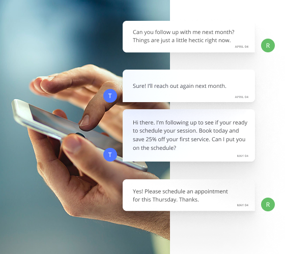 Insurance Agent Texting on Their Phone with a Snapshot of Text Messages with a Client Using Thryv's Command Center