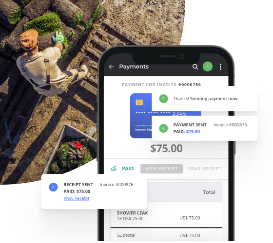 Landscaper Picking Out Sod with a Snapshot of a Paid Invoice Using Thryv's Invoicing Software