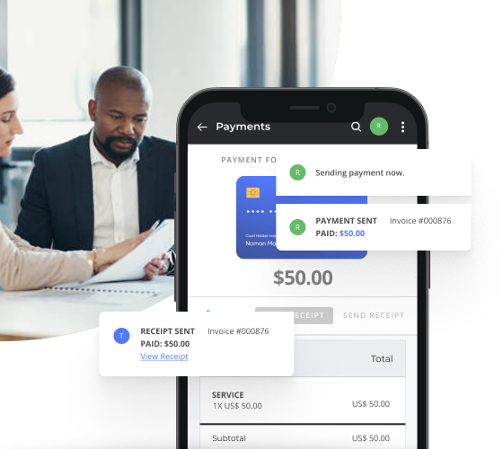 Lawyer Sharing Paperwork with Her Client with a View of a Paid Invoice Using Thryv's Invoicing Software for Lawyers