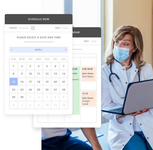 Female Doctor Holding a Laptop Talking with a Patient with a View of Thryv's Appointment Scheduling Tool