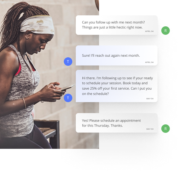 Female Patient in Workout Clothes Texting Her Doctor's Office Using Thryv's Command Center for Medical Practices