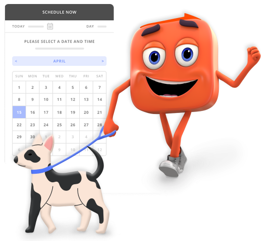 Thryver Mascot Walking a Dog with a Snapshot of a Calendar for Thryv's Appointment Scheduling Tool for Dog Walkers