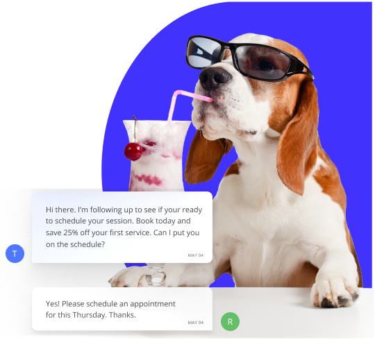 Cute Beagle with Sunglasses Sipping a Daiquiri with Text Messages from a Client Using Thryv's Command Center