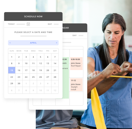 Female Physical Therapist Working with a Patient and a Snapshot of Thryv's Appointment Scheduling Tool for Physical Therapists