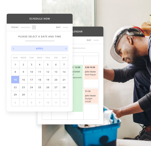 Landscaper with a Hard Hat On with a Snapshot of Thryv's Calendar and Appointment Scheduling Tool for Landscapers