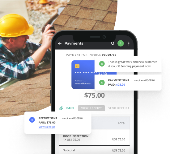 Roofer With a Hard Hat On Fixing a Roof with a Screenshot of a Paid Invoice Using Thryv's Invoicing Software
