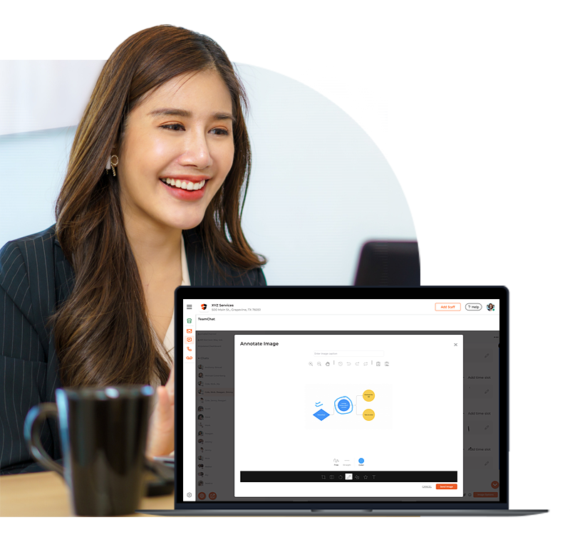 Female Small Business Owner in a Black Suit Using Thryv's TeamChat Tool to Annotate an Image.