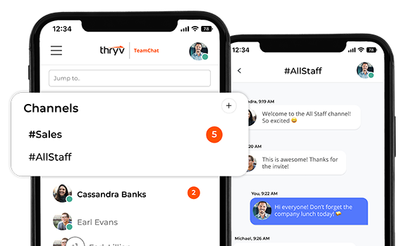 Two iPhone Screens That Feature Screenshots of Thryv's TeamChat Channels and a Small Group Chat.