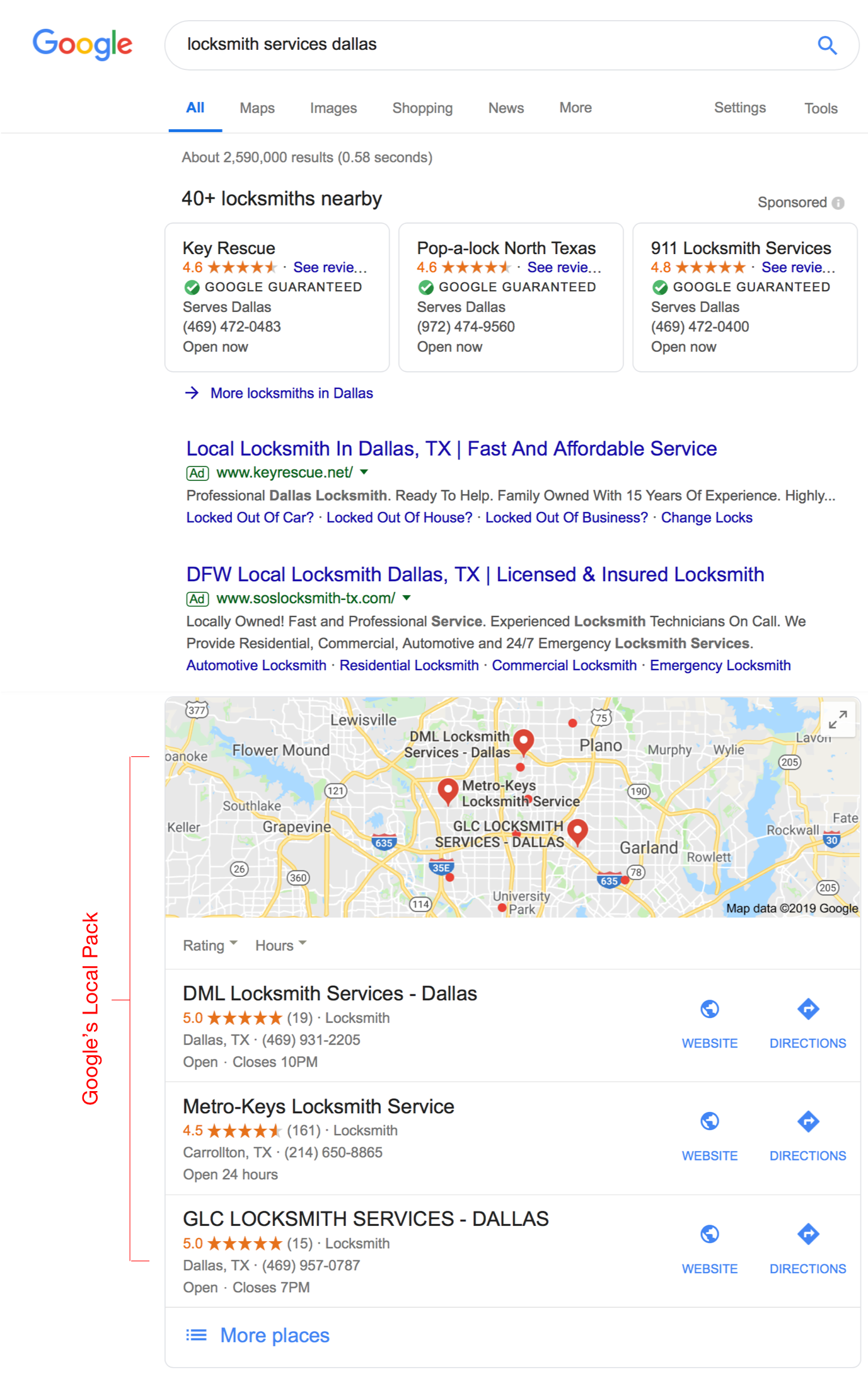 Google Local Pack for locksmiths Example Desktop