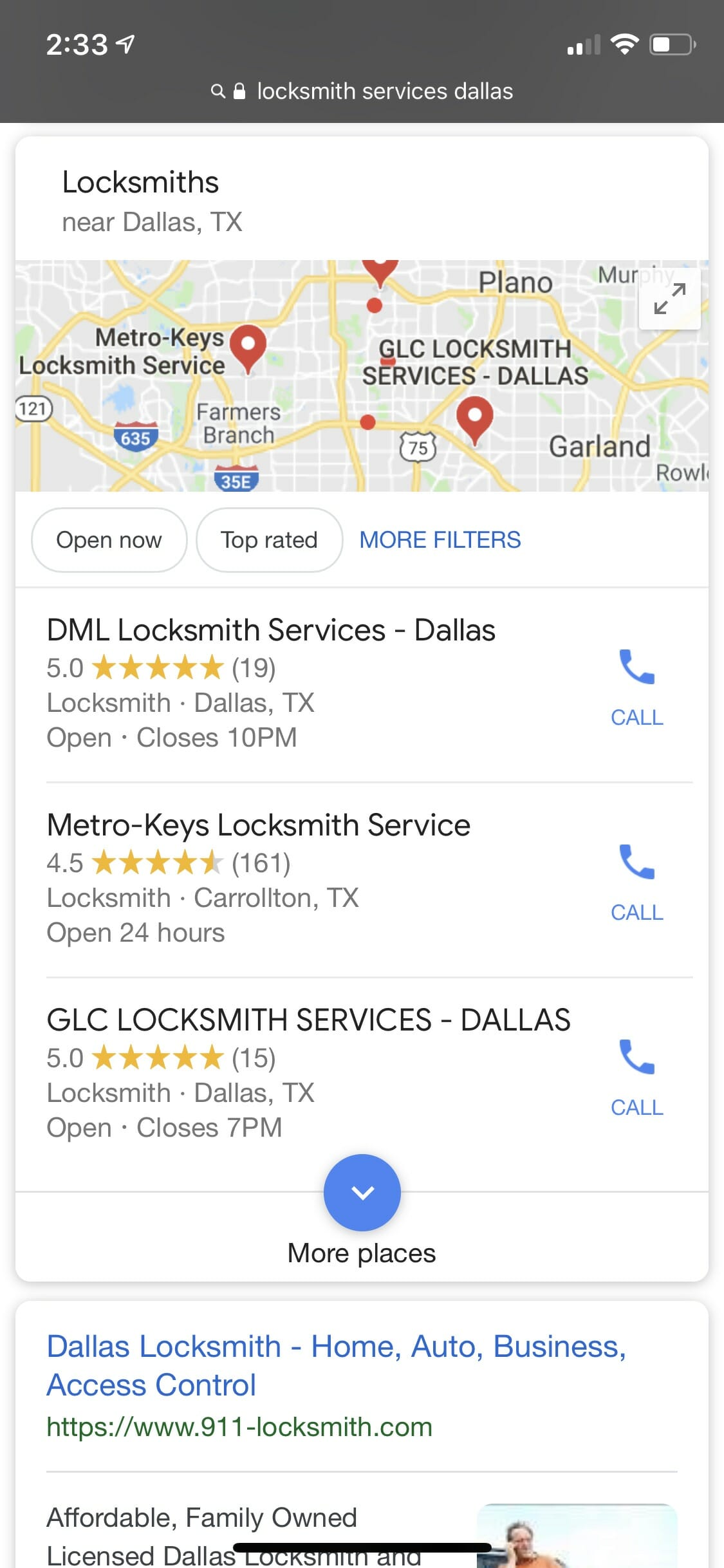 Google's local pack mobile view example