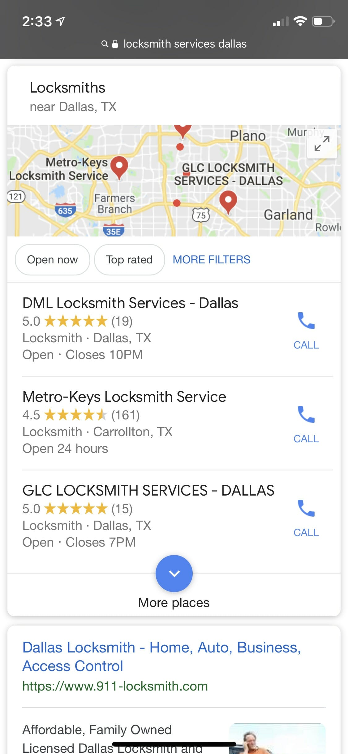 Google's local pack mobile view example for locksmith seo