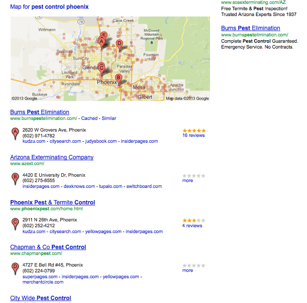 Google Local Pest Control Phoenix Results