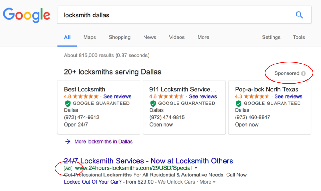 Google PPC Dallas ad example