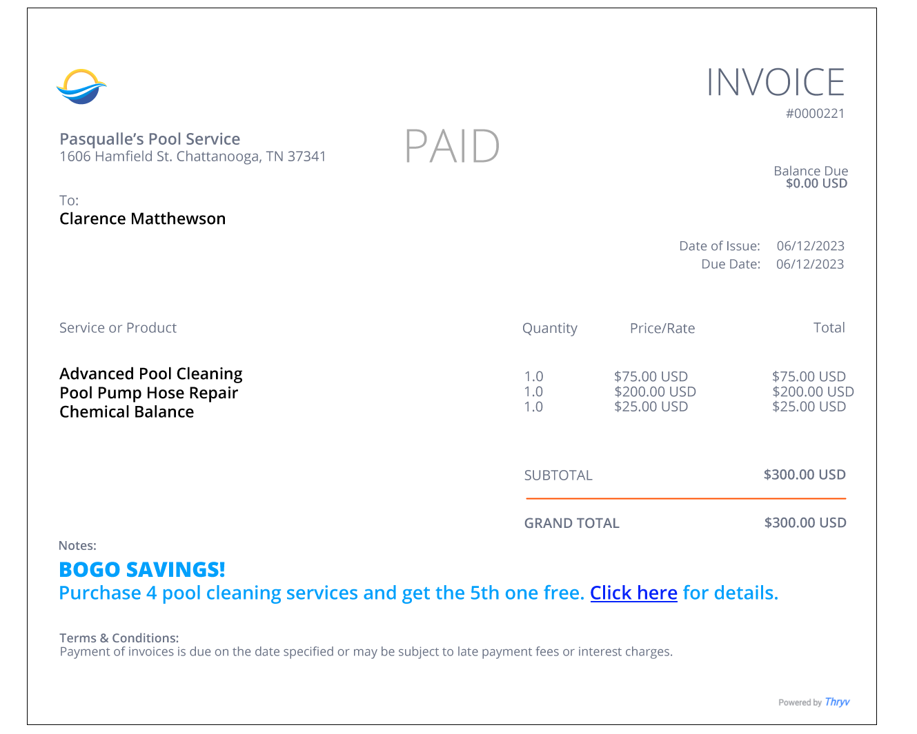 Summer Promotional Invoice Marketing Template for a Pool Company