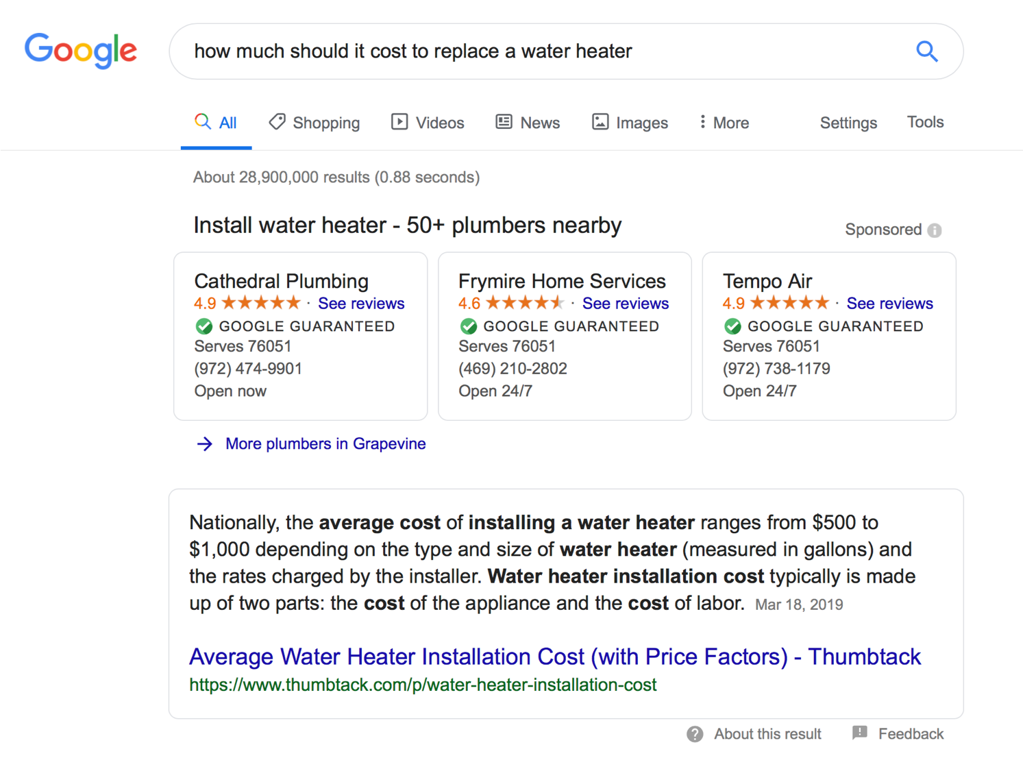 Google Water Heater Results example
