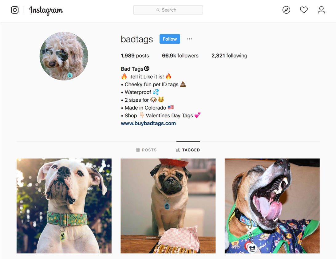 Example small business Instagram page Bad Tags