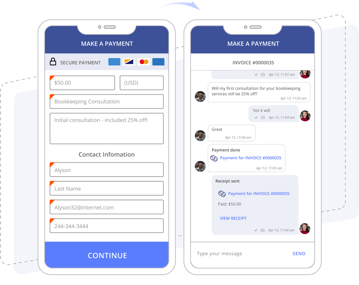 Invoicing a business services client and a client chat in Thryv