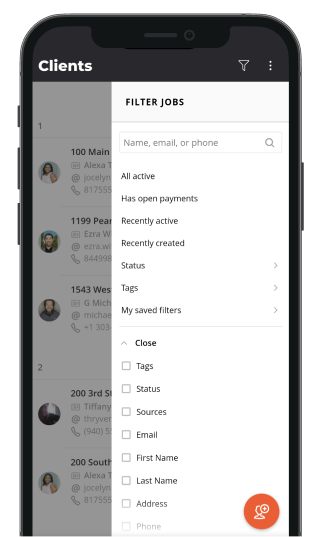 Smartphone showing a job filter within the 'Clients' section of the Thryv small business management platform