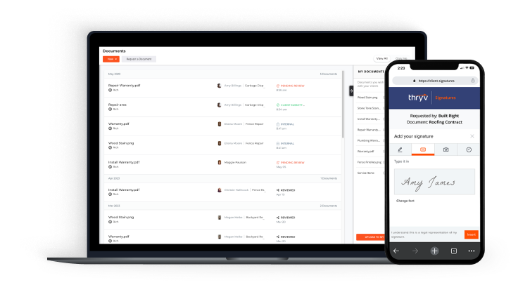 Laptop showing the 'Documents' section of Thryv, as well as a smartphone showing off the digital signature functionality