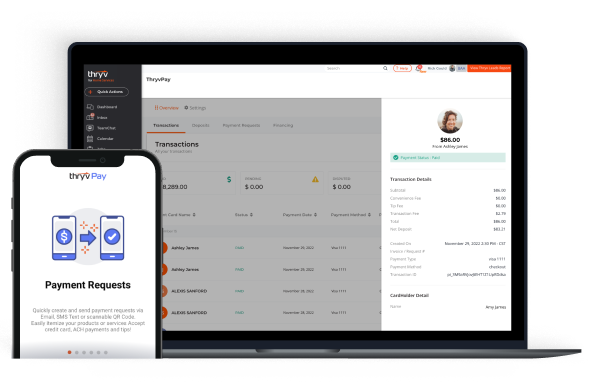 Smartphone showing ThryvPay's payment request functionality next to a laptop showing the transaction details