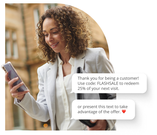 Woman checking her phone for promotional sms.