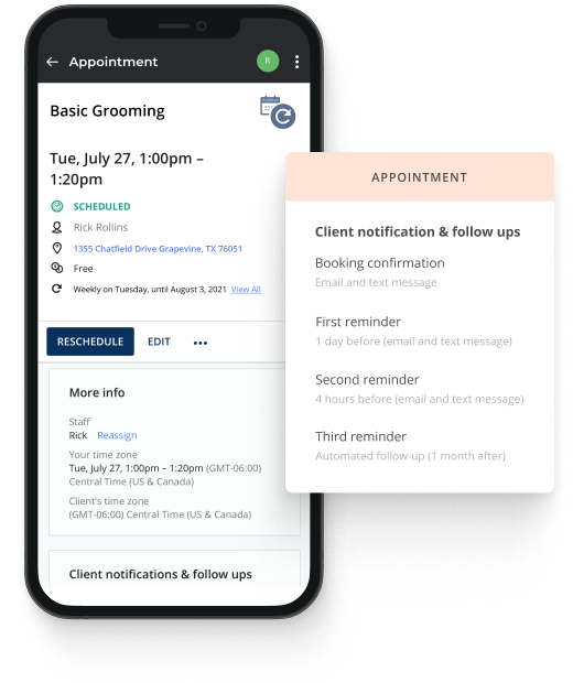 Smartphone showing a 'Basic Grooming' appointment that has been scheduled using Thryv's calendar feature, with a pop-up next to the phone that shows 'Client notifications & follow ups,' including booking confirmation and first, second, and third reminders