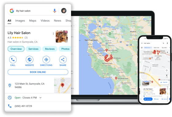 Laptop and smartphone showing a Google Maps listing for Lily Hair Salon