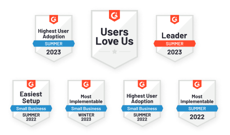 A badge that reads 'Users Love Us' flanked on either side by G2 awards for 'Easiest Setup: Small Business Summer 2022,' 'Most Implementable: Small Business Winter 2023,' 'Highest User Adoption: Summer 2023,' 'Leader: Summer 2023,' 'Highest User Adoption: Small Business Summer 2022,' and 'Most Implementable: Summer 2022'