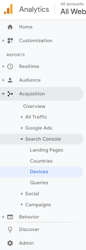 Google Analtyics Acquisition Menu