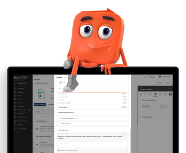 Thryv's mascot sits casually on the top of a laptop screen showing the invoice functionality within the Thryv platform