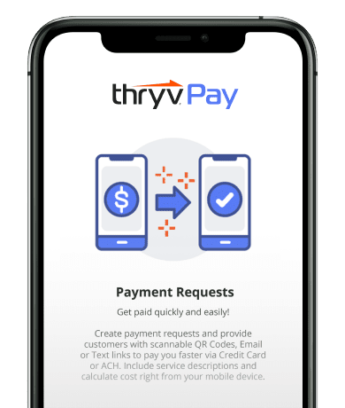 Smartphone with symbols showing money being transferred between two phones and text reading 'ThryvPay' and 'Payment requests. Get paid quickly and easily!'