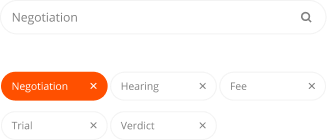 Search tags for keywords 'Negotiation', 'Hearing', 'Fee', 'Trial' and 'Verdict'.