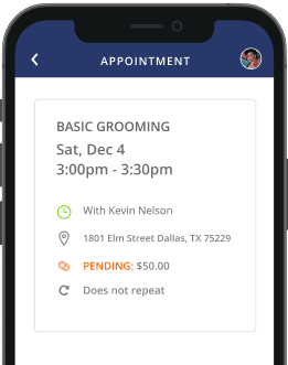 A mobile phone showing a scheduled appointment information for Basic Grooming