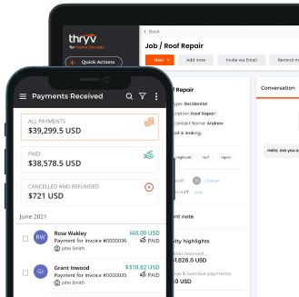 A mobile phone and a tablet showing Thryv's dashboard 