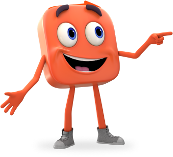 Thryv mascot smiling and pointing to the viewer's right